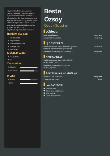 Çocuk Gelişimi Bölümü CV Örnekleri cv indir